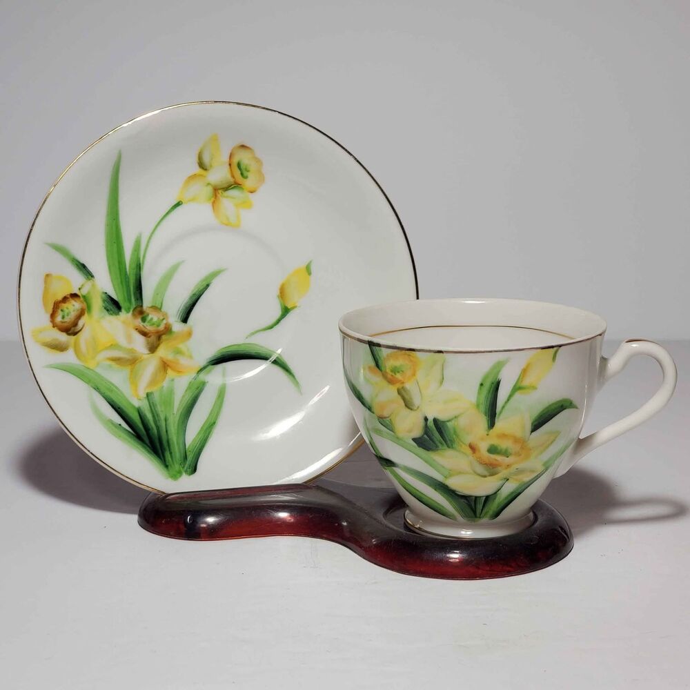 Daffodils Teacup and Saucer Yellow Hand Painted Vintage